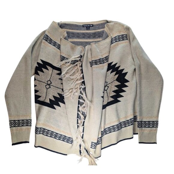 Double Zero Open Front Drape Cardigan Sweater Tan Black Gold Aztec Tribal*SZ M - Picture 3 of 12